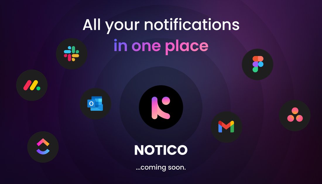 Noticue at the centre of an orbit of app logos including Slack, Gmail, Outlook, Asana, Figma, ClickUp and Monday, with the caption all your notifications in one place.