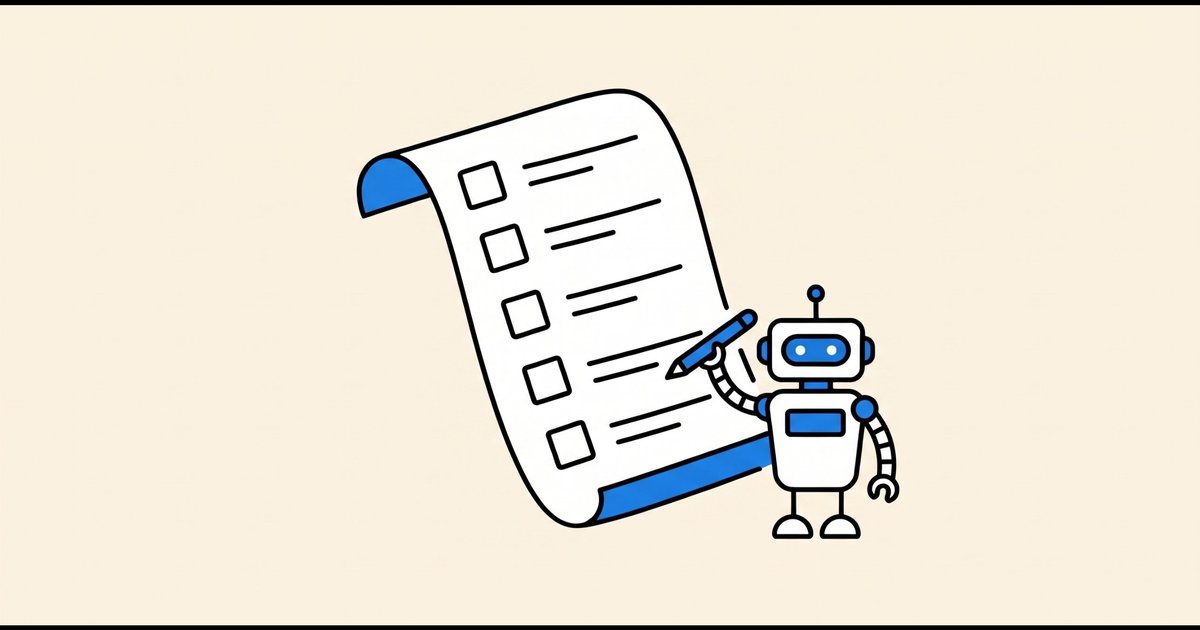 Illustration of a small robot ticking off a long checklist, for an article on whether AI should summarize your workday.