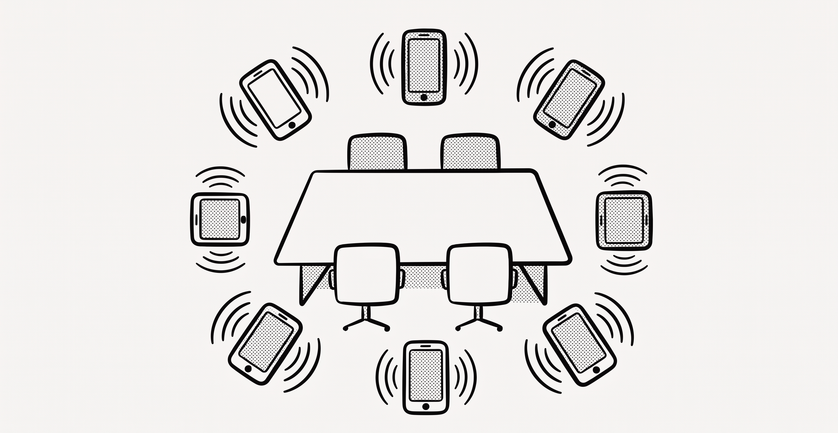 Team in a meeting around a table with phones visible and notification badges on screens