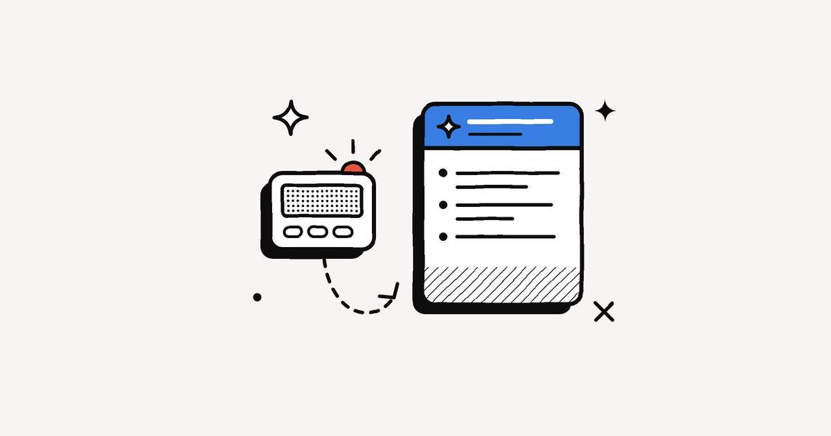 Illustration: An old pager connected by a dotted line to a modern AI briefing card