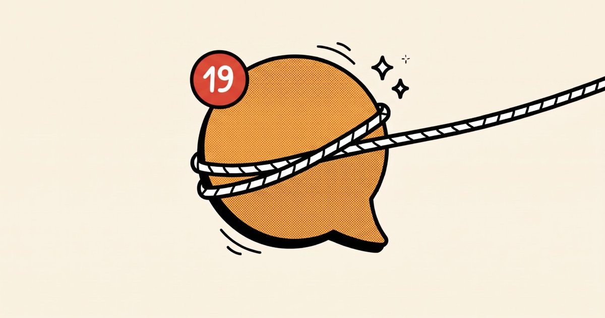 Illustration of a chat bubble with 19 unread notifications being lassoed by a rope, for a guide on how to manage notifications.