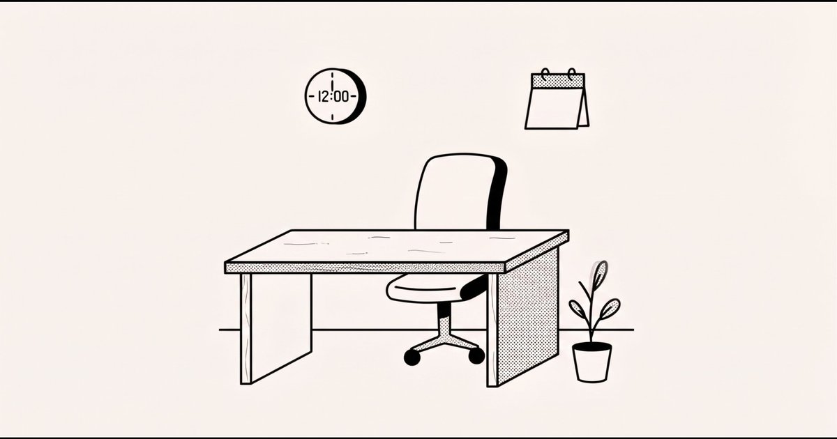 Line drawing of an empty desk and chair with a clock and calendar, for a guide on how to schedule notifications when away.
