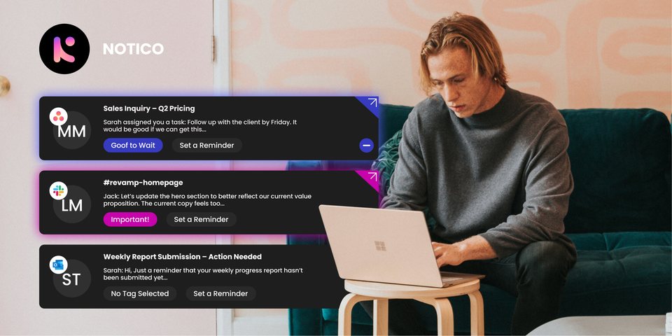 A person working calmly while Noticue shows prioritised notification cards, representing notification management that reclaims focus.