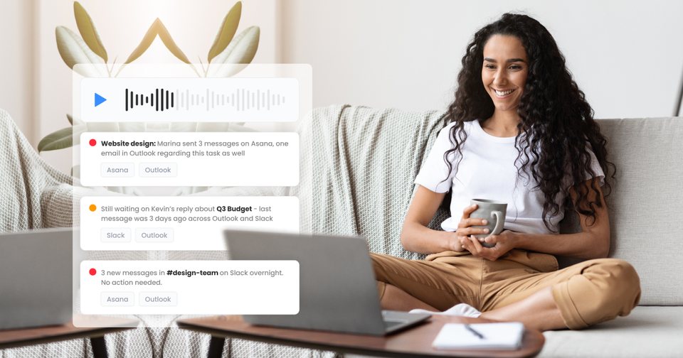 A remote worker relaxing with coffee while her Noticue morning briefing plays