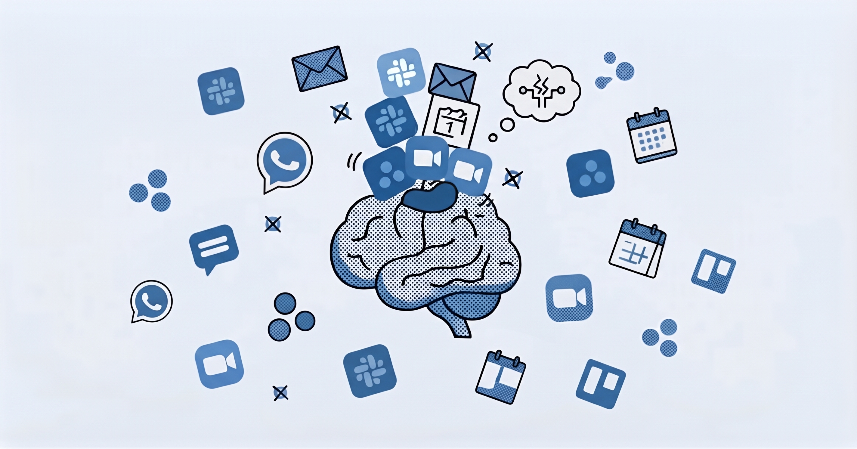 Exhausted person at a desk at night surrounded by glowing app icons