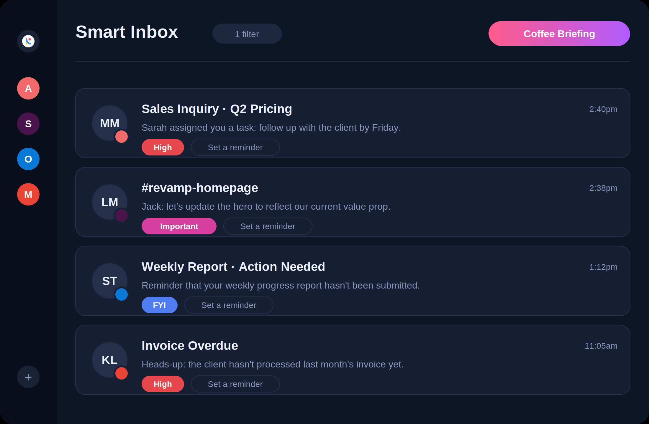 A Noticue Smart Inbox mockup showing prioritised notification cards from Asana, Slack, Outlook and Gmail with High, Important and FYI tags, reminders, and a Coffee Briefing button.